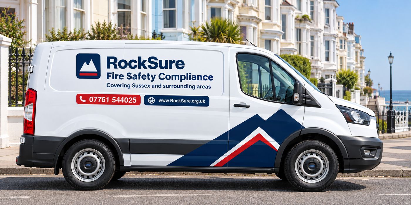 RockSure fire safety compliance van parked on a Sussex seafront street